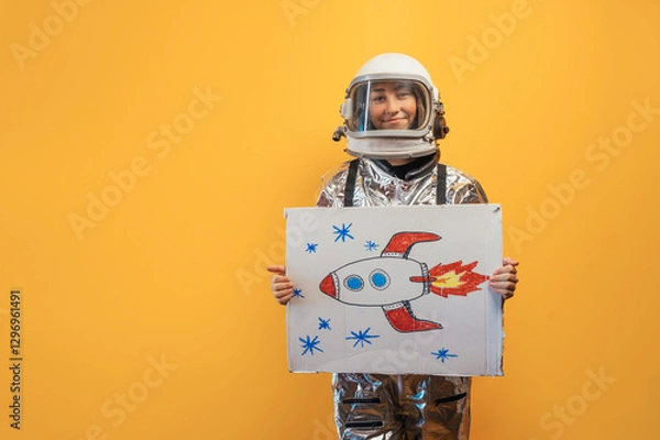 Obraz Astronaut child holds rocket drawing, dreams of space.