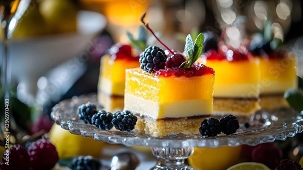 Fototapeta Luxurious Presentation of Gourmet Lemon Bars: Artistry and Indulgence in Fine Dining Desserts
