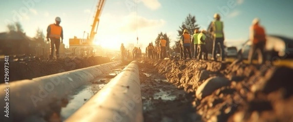 Obraz Workers Install Pipes: Infrastructure Project at Sunset