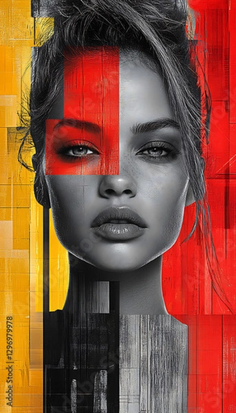 Fototapeta A dynamic collage composition featuring a beautiful, slender girl, fresh vegetables and fruits, healthy food, and a gymnasium setting