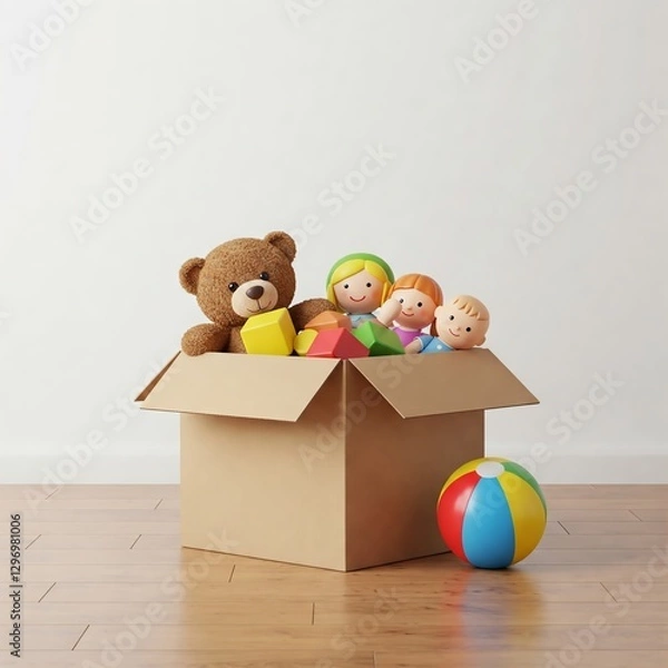 Fototapeta cardboard box filled with children's toys sits on a wooden floor. The scene is well-lit and perfect for charity campaigns, donation visuals, and social media posts. Space for text included.