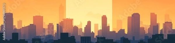 Fototapeta A sunset over cityscape with a large clear sky and text space