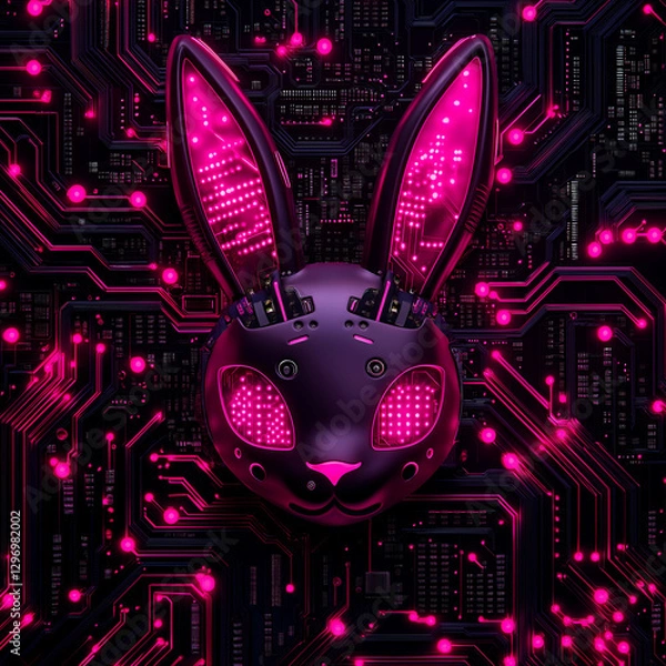 Fototapeta Futuristic robot bunny face in high-tech circuit board. Complex motherboard with neon glowing Easter bunny