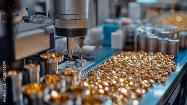 Fototapeta In a quality control lab for rare metals, technicians conduct purity tests using advanced equipment, with gleaming metal samples arranged on a workspace and automated machinery in operation