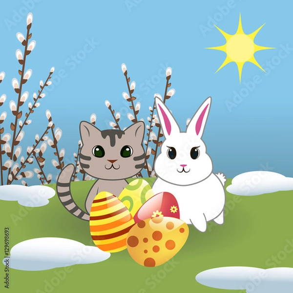 Obraz Cute cat and bunny with easter eggs
