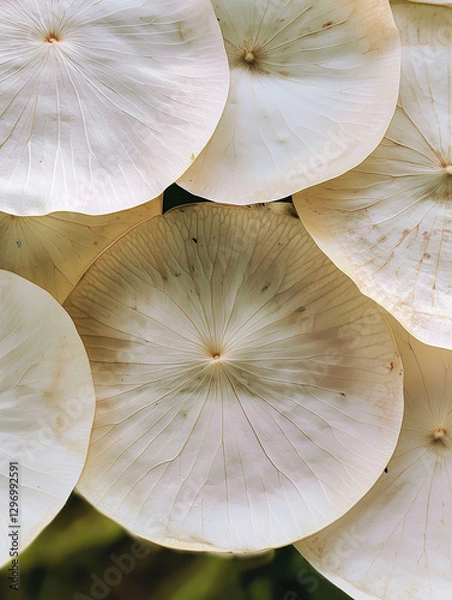 Fototapeta A macro photo of overlapping white, translucent water lily leaves with subtle textures and organic imperfections. The soft, radial patterns and earthy details create a delicate, natural composition.