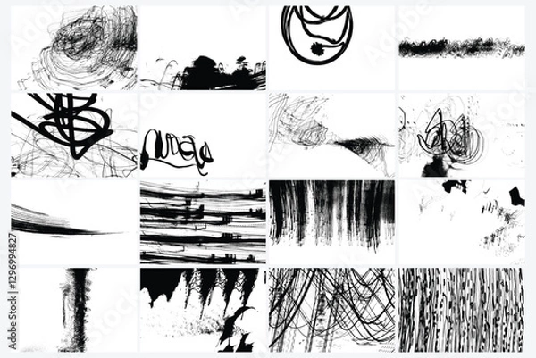 Fototapeta Set of abstract black and white backgrounds. Ink scribble textures as cards. Hand drawn illustrations prints. Abstract light trails painting. Pencil drawing strokes. Design elements stains. Vector.