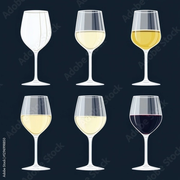 Fototapeta A collection of six elegant wine glasses featuring various types of white and red wines against a dark background.