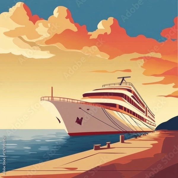 Obraz A large white cruise ship docked at sunset with colorful skies and calm waters.