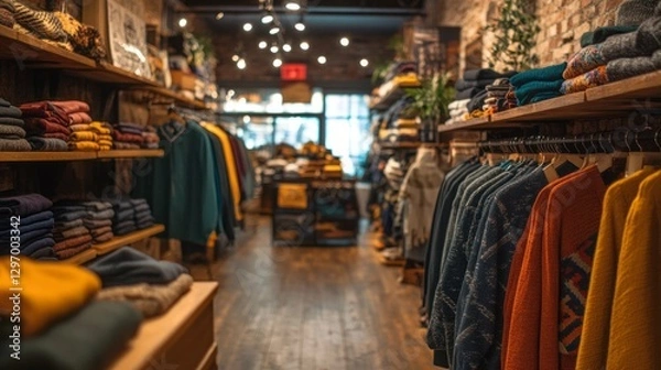 Obraz Brightly lit plus-size clothing store features an array of fashionable outfits and chic accessories on display. Cozy ambiance invites shoppers to explore stylish options for every occasion