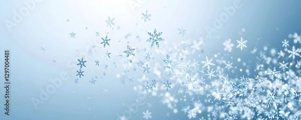 Fototapeta Light blue background shows many delicate white snowflakes floating downward