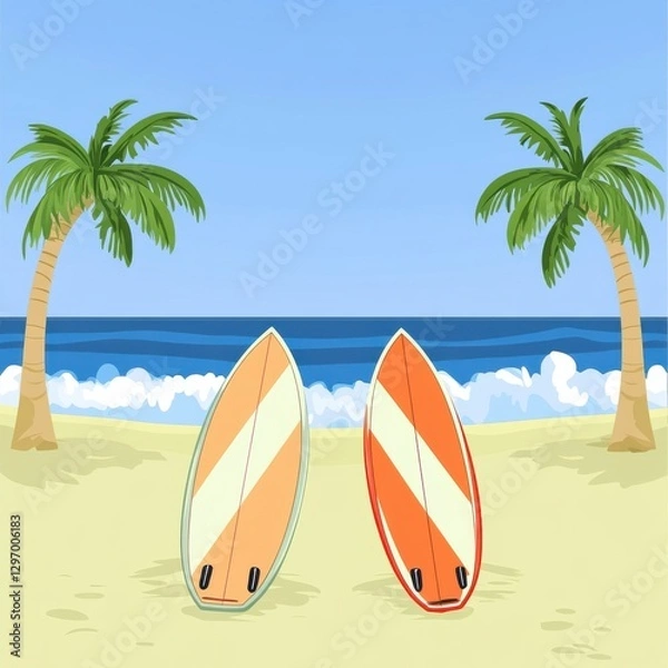 Fototapeta Two colorful surfboards on a sunny beach, surrounded by palm trees and ocean waves.