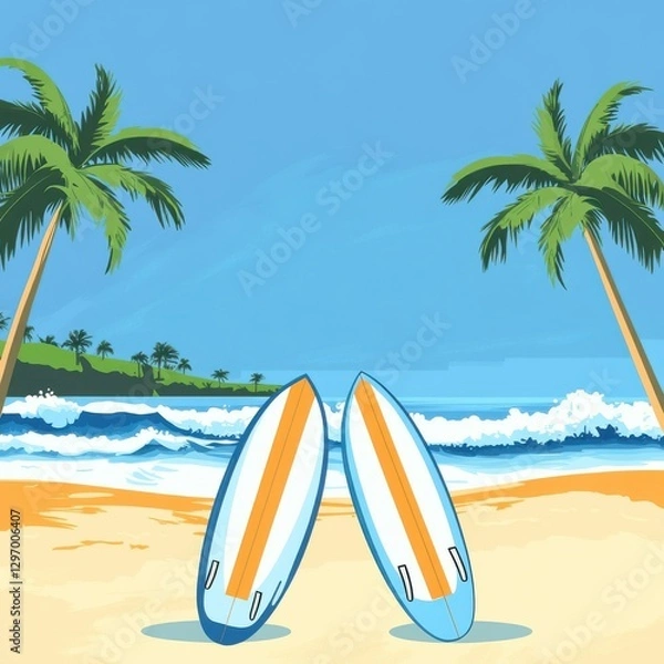 Fototapeta Two surfboards resting on the sandy beach under palm trees, perfect for a sunny day of surfing.