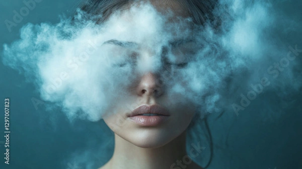 Obraz Beautiful young woman's head enveloped by fluffy white cloud obscuring her face, symbolizing brain fog and mental confusion. Studio shot on neutral background. Modern conceptual art