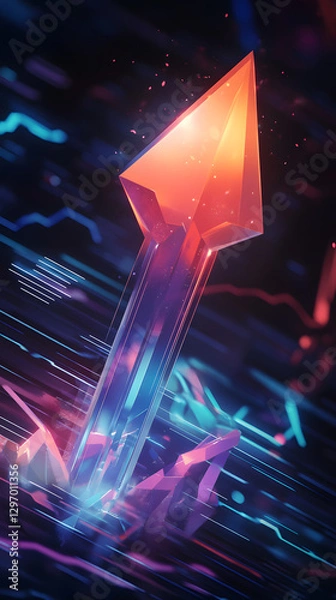 Obraz An arrow pointing upwards, made of glass, glowing and shining with light effects
