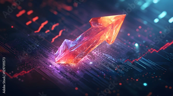 Obraz An arrow pointing upwards, made of glass, glowing and shining with light effects
