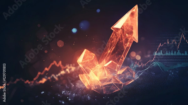 Obraz An arrow pointing upwards, made of glass, glowing and shining with light effects
