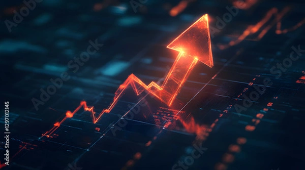 Obraz An arrow pointing upwards, made of glass, glowing and shining with light effects
