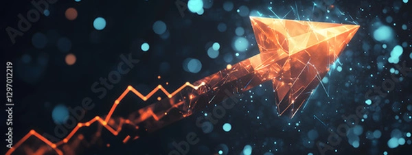 Obraz An arrow pointing upwards, made of glass, glowing and shining with light effects
