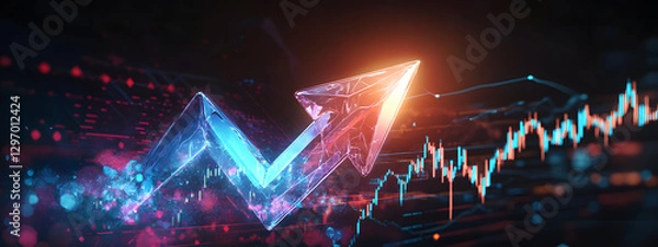 Obraz An arrow pointing upwards, made of glass, glowing and shining with light effects
