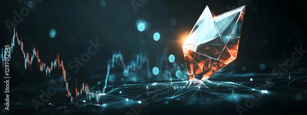 Obraz An arrow pointing upwards, made of glass, glowing and shining with light effects
