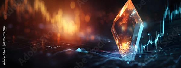 Obraz An arrow pointing upwards, made of glass, glowing and shining with light effects
