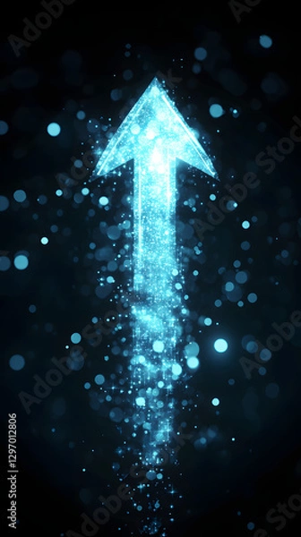 Obraz An arrow pointing upwards, made of glass, glowing and shining with light effects
