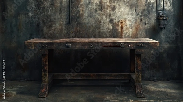 Obraz A weathered wooden work table against a distressed industrial wall