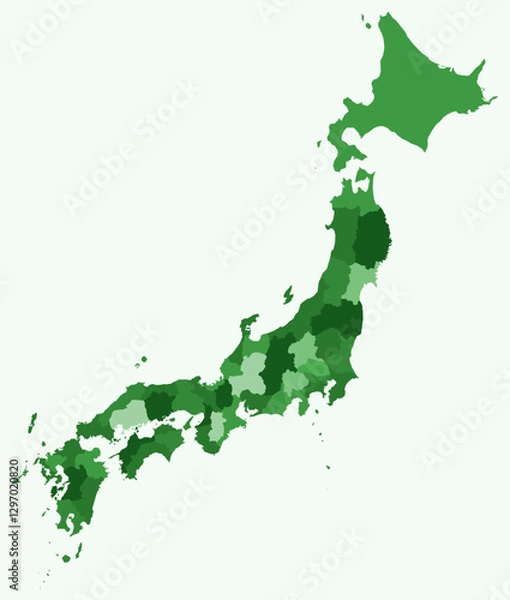 Obraz Map of Japan with regions. Just a simple country border map with region division. Green color palette. Plain Japan shape with administrative division. Vector illustration.