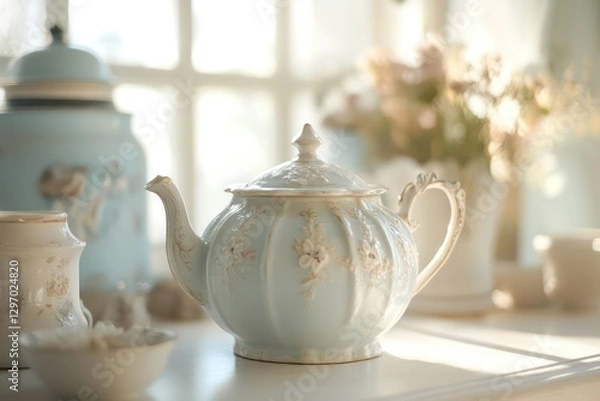 Fototapeta A decorated teapot and various ceramics sitting on a surface