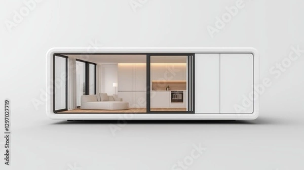 Obraz A modern, minimalistic living space featuring large glass windows, bright interiors, and sleek design elements.
