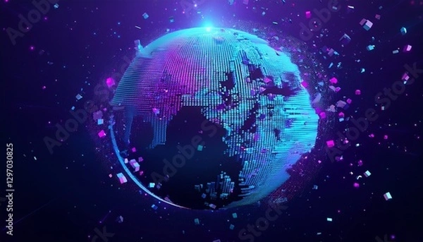 Obraz 거대한 행성이 픽셀처럼 해체되며 입자로 퍼지는 장면