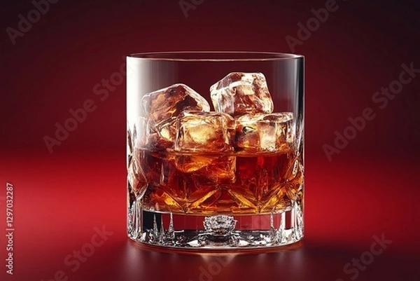 Fototapeta Beverage served in a crystal glass with ice cubes on a red background creating an elegant and rich atmosphere