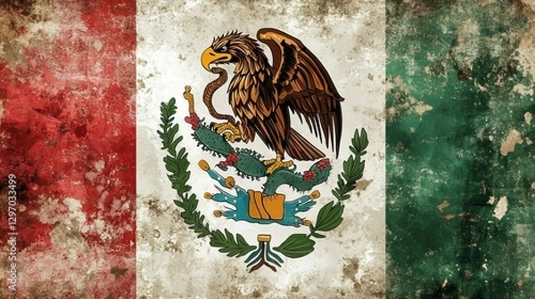 Obraz Worn mexican flag with eagle and serpent emblem on grungy texture