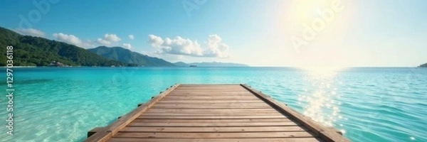 Fototapeta Sunny beach, wooden pontoon extending over calm water, pontoon, coastline