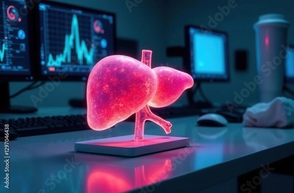 Obraz Human hepatic, transparent luminous 3D model on the table	
