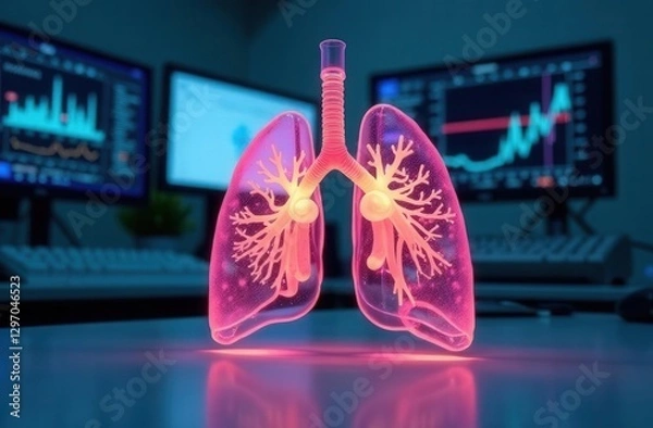 Obraz Human lungs, transparent luminous 3D model on the table.