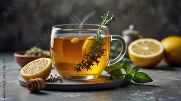 Fototapeta Hot mint and thyme tea with ginger root, lemon and honey, light concrete background. Herbal tea. Selective focus.