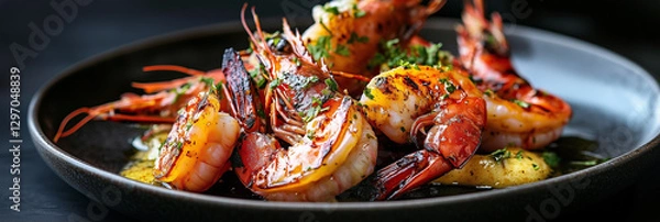 Fototapeta Gourmet grilled jumbo prawns with herbs and sauce on a black plate