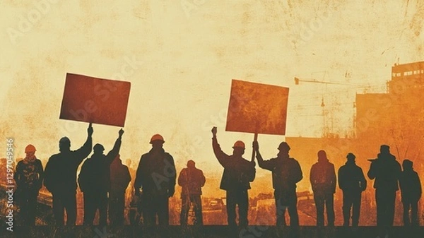 Obraz Construction workers protesting with placards against sunrise backdrop