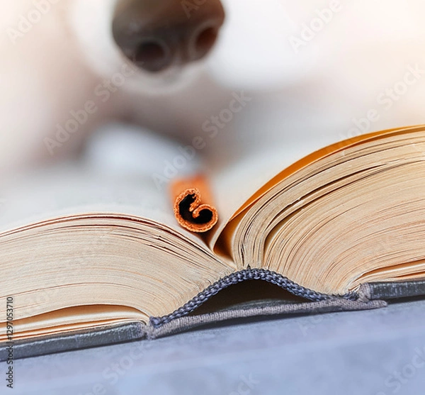 Obraz Curious dog nose sniffs cinnamon stick on open book, showcasing NoseWork or ScentWork, scent detection discipline. Creative photography for dog training, pet care, canine sport content