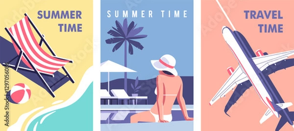 Obraz Travel time. Concept of summer party, vacation and travel. Perfect background on the theme of season vacation, weekend, beach. Vector illustration in minimalistic style for posters, cover art, flyer.