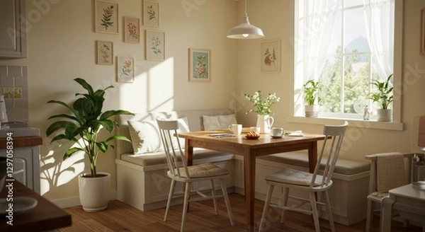 Fototapeta Sunny Corner Kitchen Nook - Peaceful breakfast nook, sunlight streaming, plants, flowers, simple table setting. Symbolizing serenity, warmth, nature, home, and nourishment
