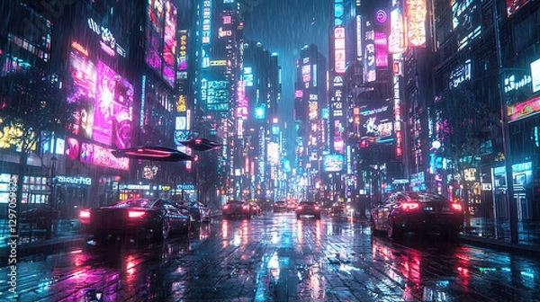 Fototapeta A cyberpunk cityscape comes alive at night with rain, neon lights, and flying cars creating a futuristic scene.