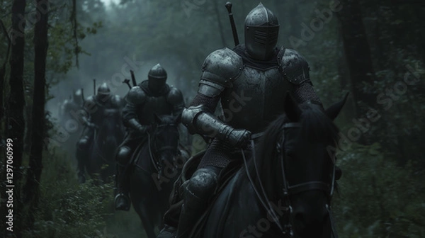 Fototapeta A group of knights riding through a dense forest, their armor gleaming in the dim light