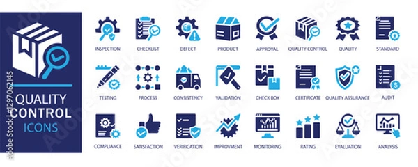 Fototapeta Quality control icon set. Includes inspection, checklist, defect, approval, testing, verification,  and more. Ideal for business, manufacturing, related projects. Fully scalable vector design.