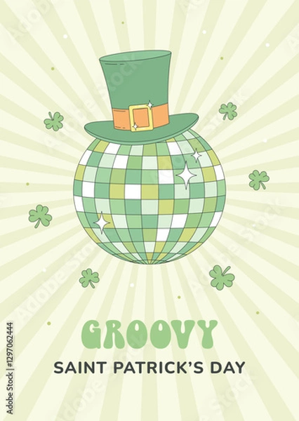 Fototapeta St Patrick's Day poster, greeting card, party invitation, retro style. Green leprechaun hat on a sparkling mirror disco ball. Vector illustration.