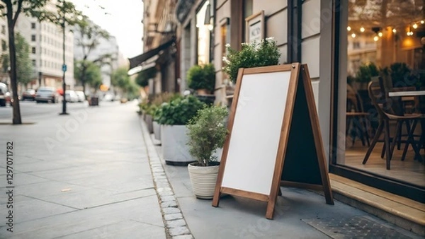 Fototapeta Sidewalk cafe with blank signboard. White mockup near coffee shop. Created with Ai