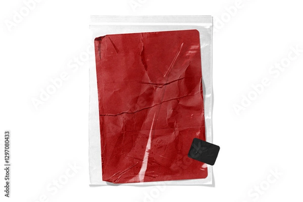 Fototapeta A wrinkled red paper sheet enclosed in a transparent ziplock bag against a black background. A minimalist and abstract concept suitable for creative design mockups.