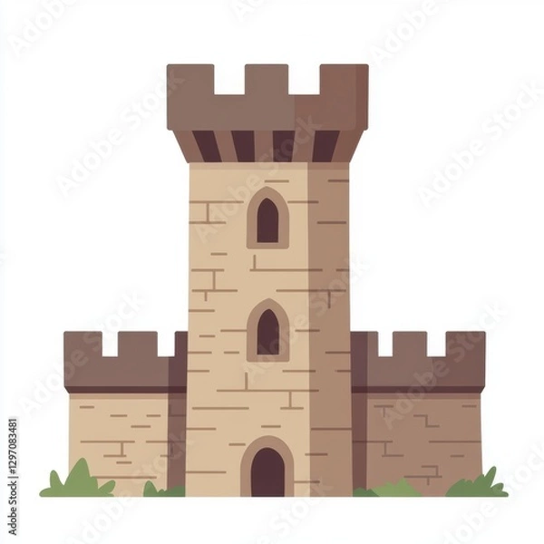 Fototapeta A whimsical illustration of a rustic stone castle with battlements and green foliage at its base.